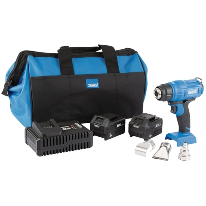 Draper D20 20V Heat Gun, 2 x 5.0Ah Batteries, 1 x Fast Charger, 1 x Bag